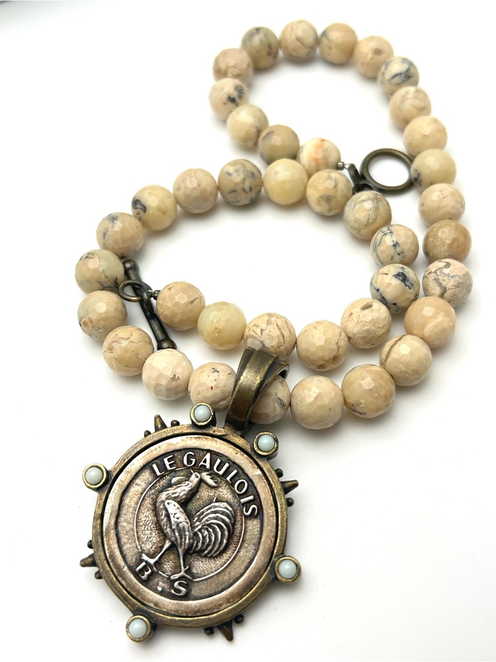 French Kande Le Gaulois Rooster Medallion Stone Beaded Necklace